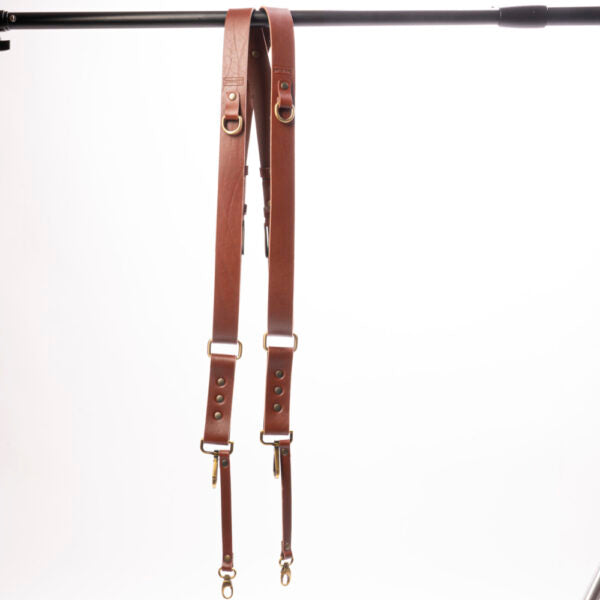 NICE ONE Optimus Leather Double Camera Shoulder Strap, Professional, Adjustable, Made In Italy, Cognac gold finishes