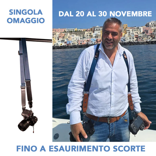 NICE ONE - POWER EASY - Tracolla Doppia in Pelle Cognac e tessuto Blue per Mirrorless e reflex