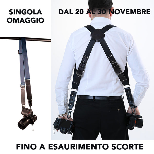 NICE ONE - POWER EASY - Double Shoulder Strap in Black Leather and Fabric for Mirrorless and SLR Cameras