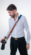 Shoulder strap –cognac color leather – blu color texture -  Camera – Strap – Reflex – Mirrorless