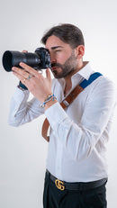 Shoulder strap –cognac color leather – blu color texture -  Camera – Strap – Reflex – Mirrorless
