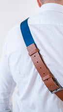 Shoulder strap –cognac color leather – blu color texture -  Camera – Strap – Reflex – Mirrorless