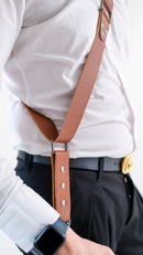 Shoulder strap –cognac color leather – blu color texture -  Camera – Strap – Reflex – Mirrorless