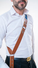 Shoulder strap –cognac color leather – blu color texture -  Camera – Strap – Reflex – Mirrorless