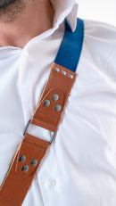 Shoulder strap –cognac color leather – blu color texture -  Camera – Strap – Reflex – Mirrorless