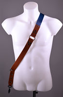 Shoulder strap –cognac color leather – blu color texture -  Camera – Strap – Reflex – Mirrorless