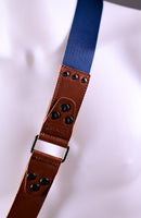 Shoulder strap –cognac color leather – blu color texture -  Camera – Strap – Reflex – Mirrorless