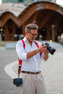 NICE ONE - POWER EASY - Tracolla Doppia in Pelle e tessuto rosso e cuoio rosso inglese per Mirrorless e reflex