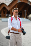 NICE ONE - POWER EASY - Tracolla Doppia in Pelle e tessuto rosso e cuoio rosso inglese per Mirrorless e reflex
