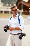 NICE ONE - POWER EASY - Tracolla Doppia in Pelle Cognac e tessuto Blue per Mirrorless e reflex