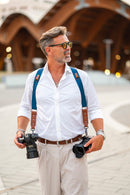 NICE ONE - POWER EASY - Tracolla Doppia in Pelle Cognac e tessuto Blue per Mirrorless e reflex