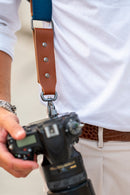 NICE ONE - POWER EASY - Tracolla Doppia in Pelle Cognac e tessuto Blue per Mirrorless e reflex
