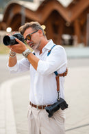 NICE ONE - POWER EASY - Tracolla Doppia in Pelle Cognac e tessuto Blue per Mirrorless e reflex