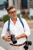 NICE ONE - POWER EASY - Tracolla Doppia in Pelle Cognac e tessuto Blue per Mirrorless e reflex