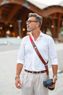 Tracolla per fotocamera in tessuto rosso e cuoio rosso inglese - tracolla per mirrorless - nice one shoulder strap