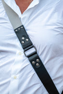 Tracolla per fotocamera in tessuto grigio perla e cuoio nero - tracolla per mirrorless - nice one shoulder strap