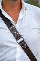 Tracolla per fotocamera in tessuto a costine testa di moro e cuoio testa di moro - tracolla per mirrorless - nice one shoulder strap