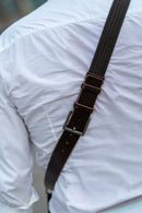 Tracolla per fotocamera in tessuto a costine testa di moro e cuoio testa di moro - tracolla per mirrorless - nice one shoulder strap