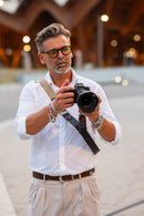Tracolla per fotocamera in tessuto a caramello (beige) e cuoio testa di moro - tracolla per mirrorless - nice one shoulder strap