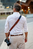 Tracolla per fotocamera in tessuto blu a costine e cuoio rosso inglese - tracolla per mirrorless - nice one shoulder strap