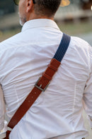 Tracolla per fotocamera in tessuto blu a costine e cuoio rosso inglese - tracolla per mirrorless - nice one shoulder strap