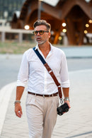 Tracolla per fotocamera in tessuto blu a costine e cuoio rosso inglese - tracolla per mirrorless - nice one shoulder strap