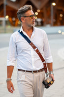 Tracolla per fotocamera in tessuto blu a costine e cuoio rosso inglese - tracolla per mirrorless - nice one shoulder strap