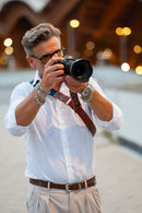 Tracolla per fotocamera in tessuto blu a costine e cuoio rosso inglese - tracolla per mirrorless - nice one shoulder strap
