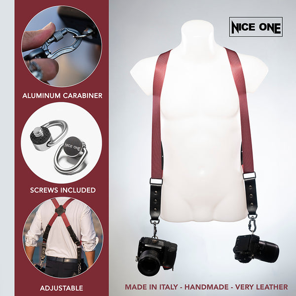 NICE ONE - POWER EASY - Double Shoulder Strap in Bordeaux Leather and Fabric for Mirrorless and SLR Cameras