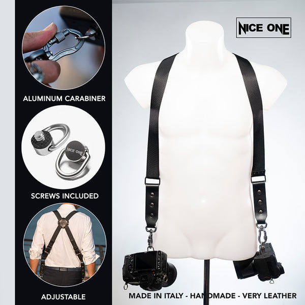 NICE ONE - POWER EASY - Double Shoulder Strap in Black Leather and Fabric for Mirrorless and SLR Cameras