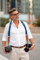NICE ONE - POWER EASY - Tracolla Doppia in Pelle Cognac e tessuto Blue per Mirrorless e reflex