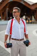 NICE ONE - POWER EASY - Tracolla Doppia in Pelle e tessuto rosso e cuoio rosso inglese per Mirrorless e reflex