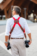 NICE ONE - POWER EASY - Tracolla Doppia in Pelle e tessuto rosso e cuoio rosso inglese per Mirrorless e reflex